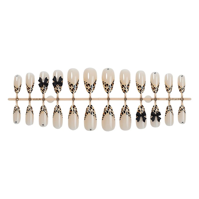 ASABITE 24 Pcs Reusable Almond Press on Nails Medium Fake Nails Leopard French Tip False Nails with 3D Bow Design Cute Acrylic Nails Press ons Holiday Glue on Nails Full Cover Artificial Nails for Women - Image 4